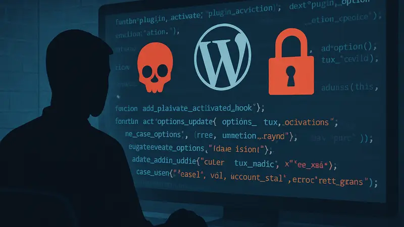 Изображение кода плагина WordPress с символами угрозы или замка, символизирующего бэкдор.