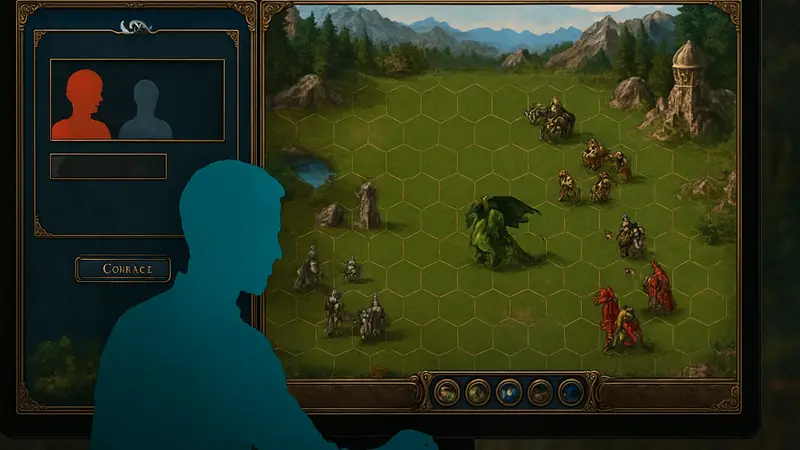 Скриншот из Heroes of Might and Magic: Olden Era с игровым полем, юнитами и интерфейсом лобби.