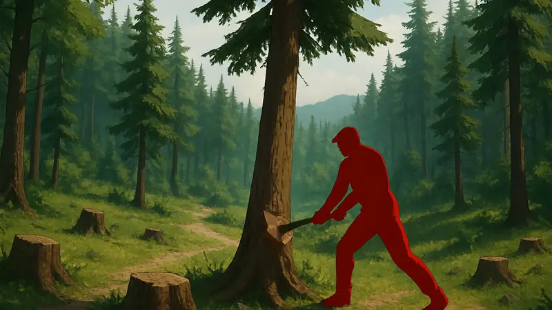 Скриншот из игры A Game About Chopping Trees с рубкой деревьев