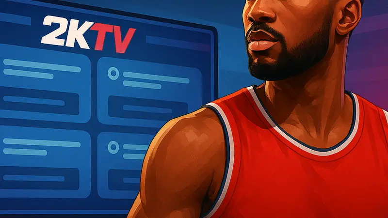 Игровой персонаж NBA 2K26 на фоне экрана с вопросами 2KTV викторины.