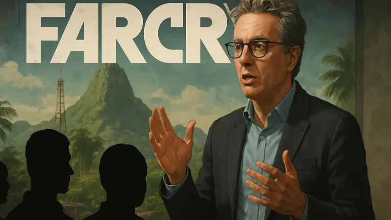 Шоураннер сериала Far Cry Ноа Хоули на фоне логотипа игры, обсуждает привычки игроков