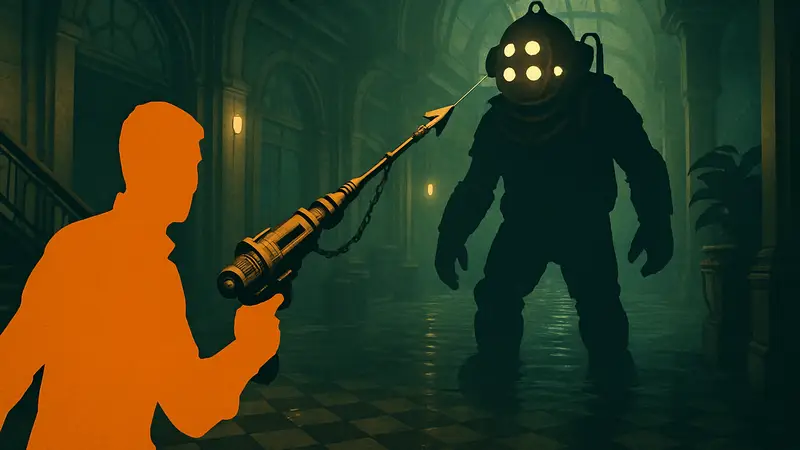 Кадр из игры Underdog, roguelike-шутер в стиле BioShock с новым гарпуном.