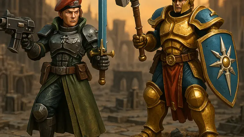 Ивентовые миниатюры Warhammer 40,000 и Age of Sigmar на фоне игрового поля.