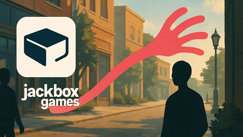 Логотип Jackbox Games рядом с изображением длинной руки из игры "My Arms Are Longer Now", символизирующей абсурдные инди-игры.