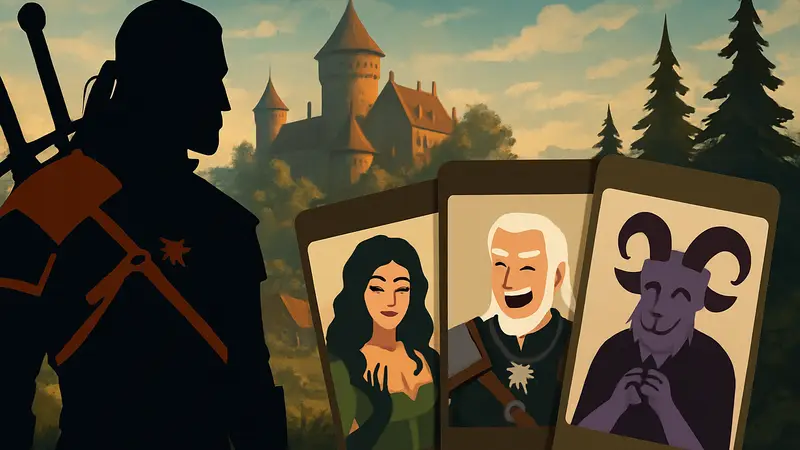 Геральт и карточки из игры Reigns: The Witcher, показывающие юмористический аспект коллаба.