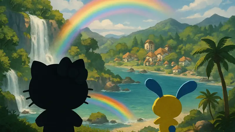 Изображение Hello Kitty Island Adventure с Радужными Лучами и Усаханой, показывающее локации.