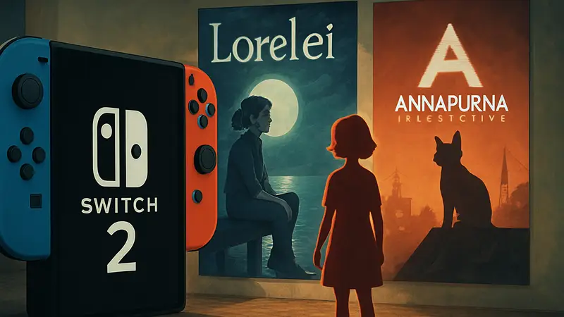Логотип Nintendo Switch 2 рядом с обложками инди-игр Lorelei и других проектов Annapurna Interactive