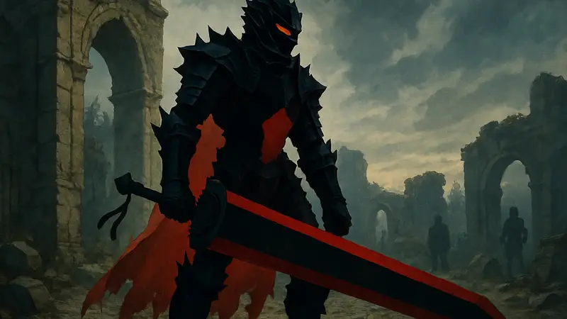 Детализированная фигурка Гатса из аниме Berserk в броне Берсерка с мечом Убийца Драконов в руках.