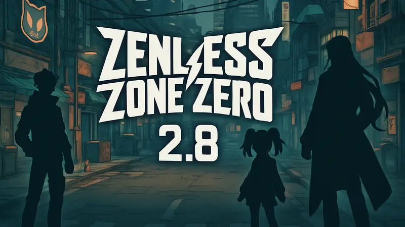 Логотип Zenless Zone Zero с указанием версии обновления 2.8 на фоне игровых элементов.