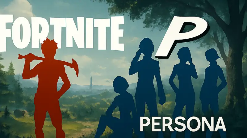Логотипы Fortnite и Persona рядом, с персонажами обеих игр, символизирующие коллаборацию.