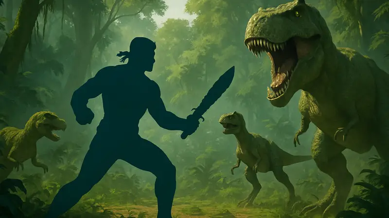 Скриншот из Turok: Origins с персонажем, сражающимся против динозавров в джунглях.