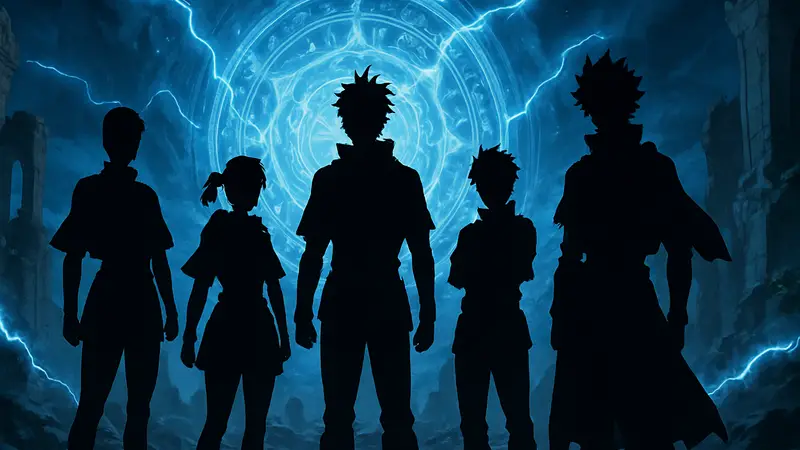 Персонажи аниме Black Clover, новый отряд Рыцарей-магов на фоне магических эффектов
