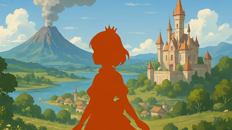 Игровой арт Volcano Princess, главная героиня в центре, на фоне пейзажей королевства