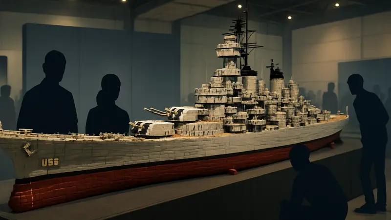 Огромная модель линкора USS Iowa, построенная из кубиков LEGO, на выставочном стенде.