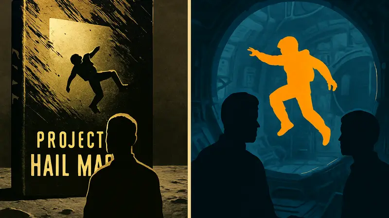 Обложка книги Project Hail Mary и кадр из фильма, демонстрирующие сравнение