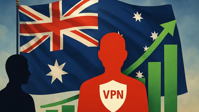 График роста популярности VPN-сервисов на фоне австралийского флага.