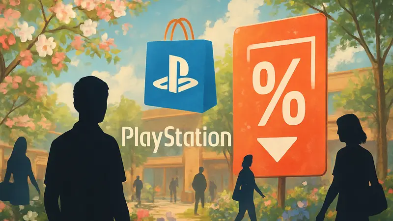 Логотип PlayStation Store и иллюстрация весенней распродажи со скидками