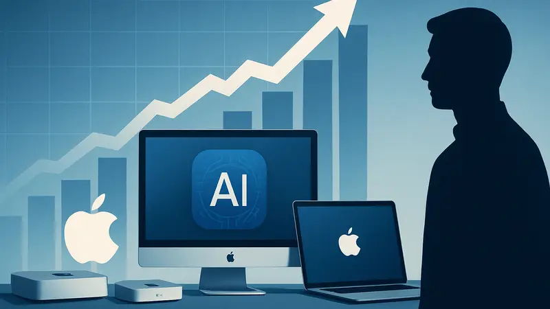 Компьютеры Apple Mac и логотип ИИ на фоне графика растущего спроса.
