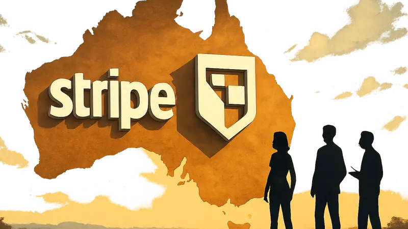 Логотипы Stripe и Startup Battlefield на фоне карты Австралии, символизирующие конкурс стартапов.
