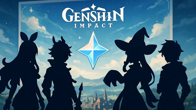 Персонажи Genshin Impact на фоне внутриигрового баннера с примогемами и логотипом игры.