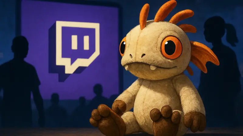Плюшевая игрушка Мурлока из World of Warcraft на фоне логотипа Twitch