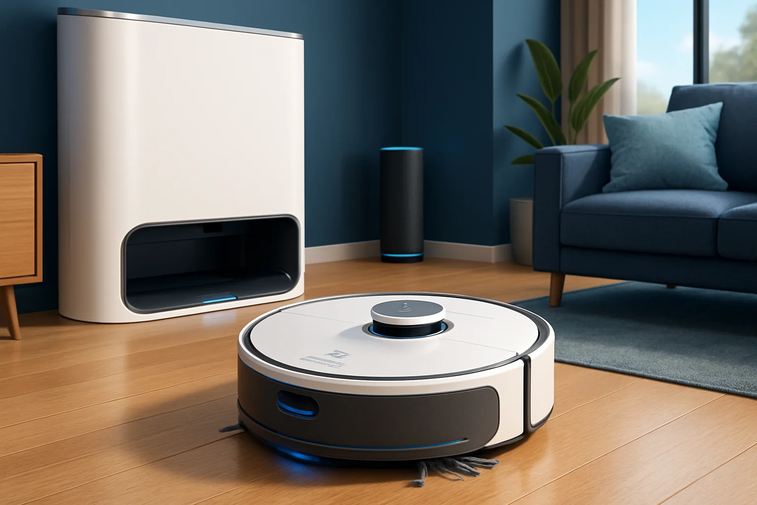 Робот-пылесос Roborock Qrevo Curv 2 Flow, демонстрирующий новый дизайн и передовые технологии уборки, в интерьере умного дома.