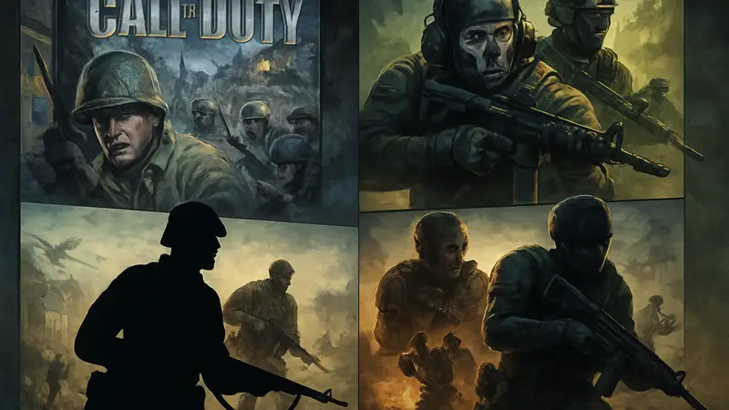 Коллаж из обложек старых и новых игр Call of Duty, демонстрирующий эволюцию серии шутеров.