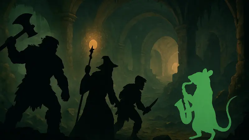 Обложка игры Dark Scrolls, демонстрирующая фэнтези-персонажей, включая варвара, мага и крысу с саксофоном.