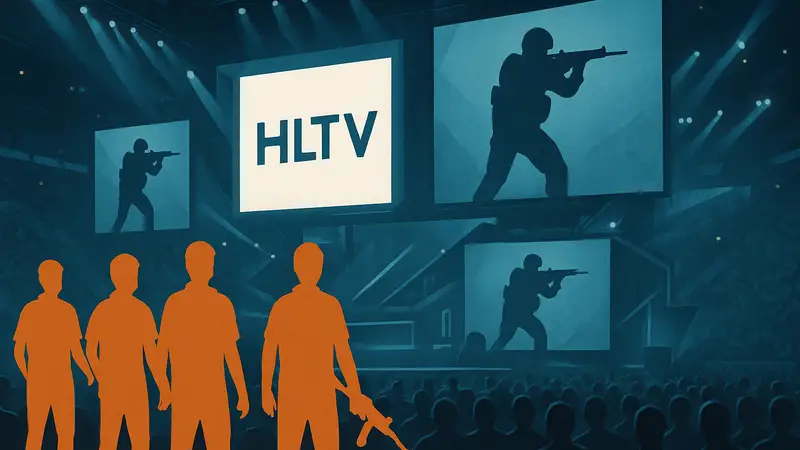 Логотип HLTV и команд Counter-Strike на фоне киберспортивного турнира