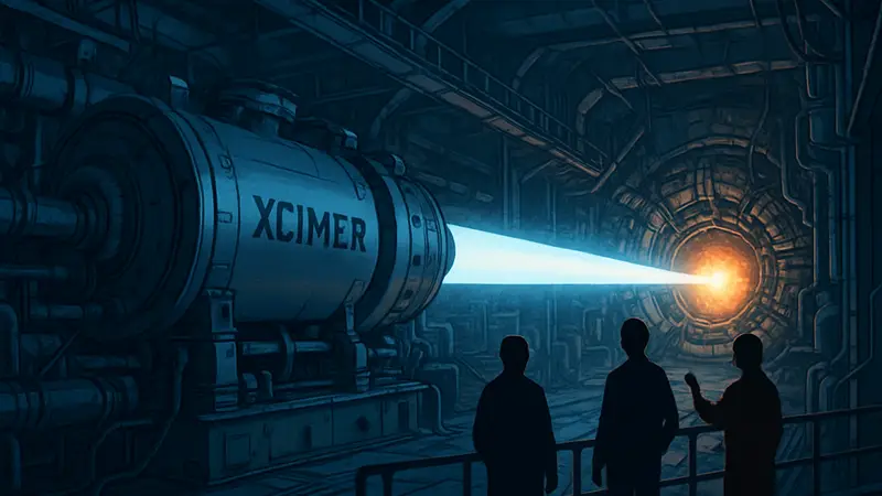 Крупнейший частный лазер стартапа Xcimer, излучающий мощный луч энергии для исследований термоядерного синтеза.