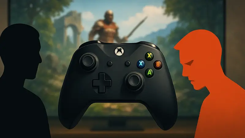 Игровой контроллер на фоне размытого экрана с игрой, символизирующий разные мнения игроков.