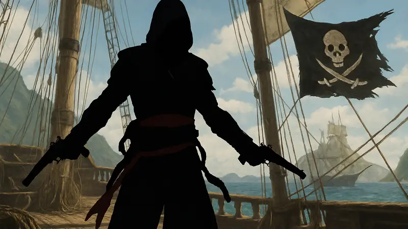 Эдвард Кенуэй, главный герой Assassin's Creed 4: Black Flag, стоящий на палубе корабля с пистолетами.