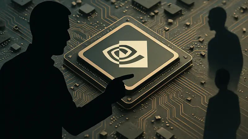 Логотип NVIDIA на фоне микросхемы, символизирующий агрессивные контракты на ИИ-чипы