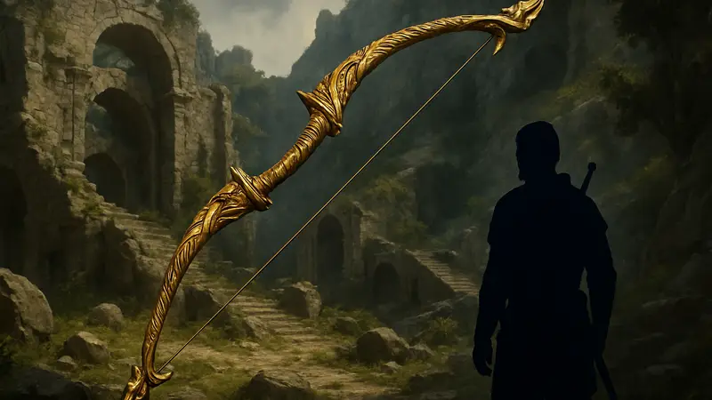 Изображение Золотого Плетеного Древнего Лука в игре Crimson Desert, показывающее его детали и дизайн.