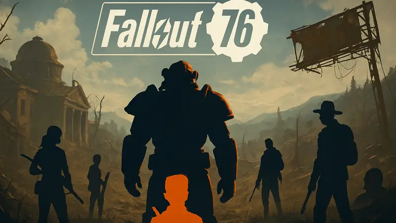 Арт Fallout 76, персонажи в постапокалиптическом мире, логотип игры, намек на грядущее обновление