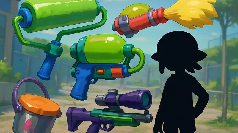 Разнообразное оружие из игры Splatoon Raiders на ярком фоне