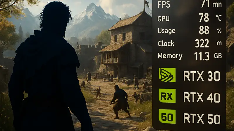 Скриншот геймплея Crimson Desert с элементами интерфейса производительности на ПК и упоминанием видеокарт.