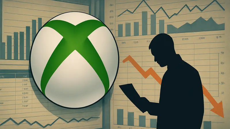 Логотип Xbox на фоне таблиц с финансовыми показателями, символизирующий контраст между доходами и сокращениями.