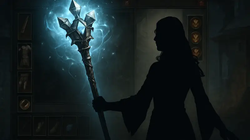 Скипетр Трёх из Diablo 4, испускающий магическое сияние, на фоне интерфейса игры.