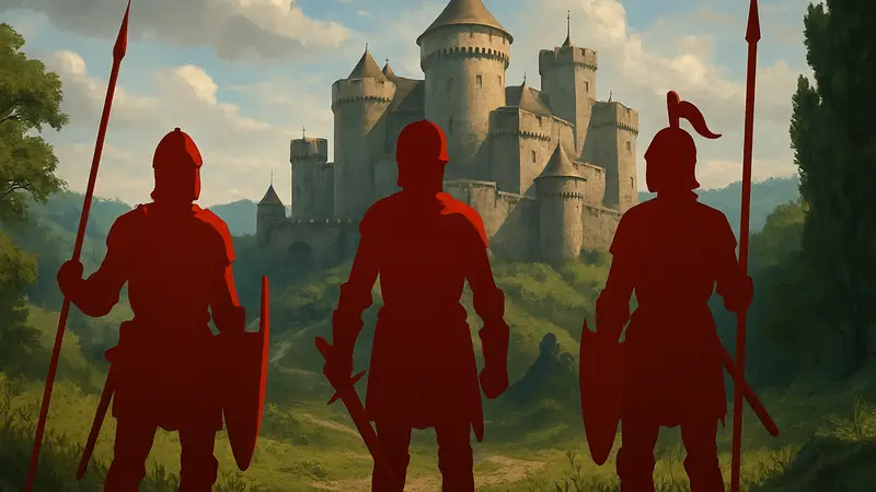 Игровой скриншот Total War: Medieval 3 с рыцарями и средневековым замком.