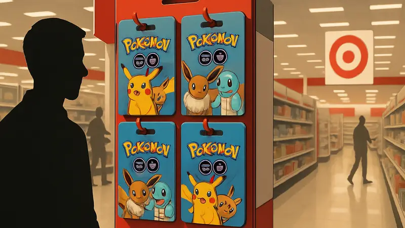 Подарочные карты Pokémon Go в магазине Target с логотипом игры и покемонами.