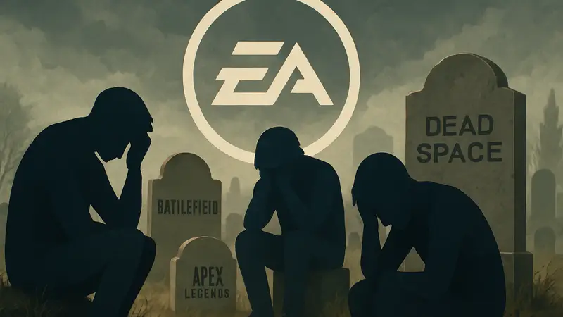Логотип Electronic Arts на фоне могильных плит с названиями закрытых игр, грустные игроки.