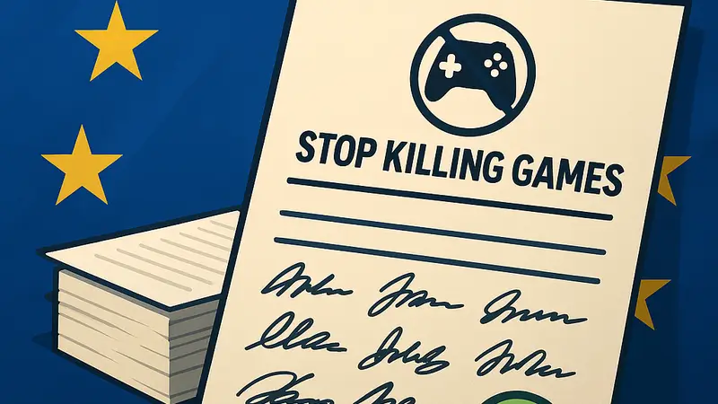 График или изображение, символизирующее петицию Stop Killing Games с подписями и европейским флагом на фоне