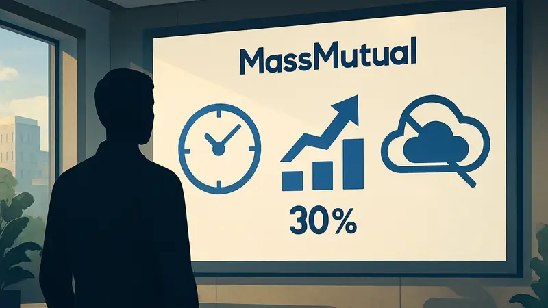 Диаграмма, показывающая гибкую AI-стратегию MassMutual с ключевыми показателями: 12 месяцев, 30% рост, без привязки.