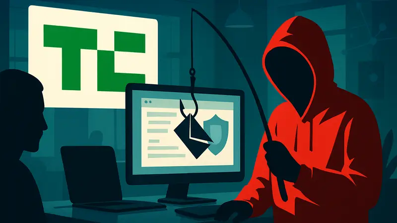Логотип TechCrunch, иллюстрация мошенничества, фишинг, кибербезопасность
