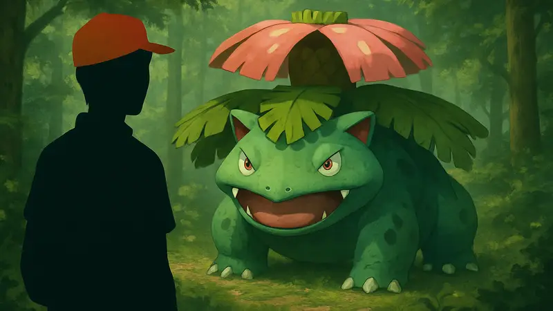 Обложка игры Pokémon LeafGreen с покемоном Венузавром на фоне леса.