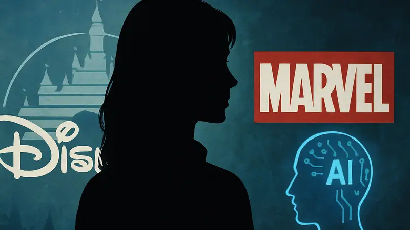 Актриса Эванджелин Лилли, на фоне логотипов Disney и Marvel, с намёком на влияние ИИ.