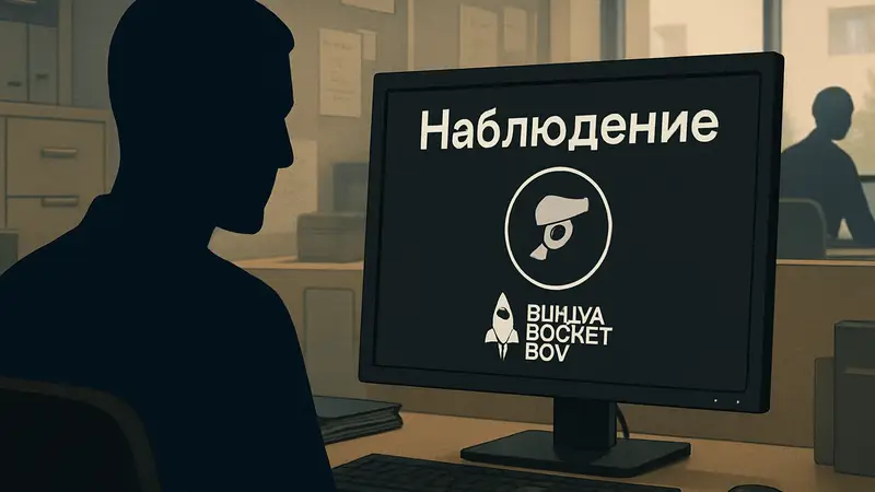 Изображение монитора с надписью "Наблюдение" и логотипом Build A Rocket Boy