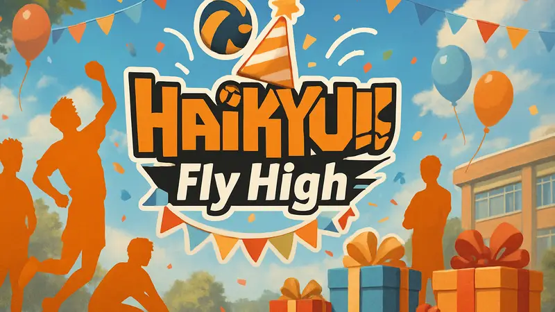 Логотип Haikyu!! Fly High с праздничными элементами, бесплатные персонажи, подарки.
