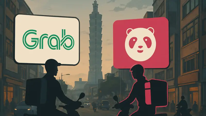 Логотипы Grab и Foodpanda, символизирующие слияние компаний на рынке доставки Тайваня.